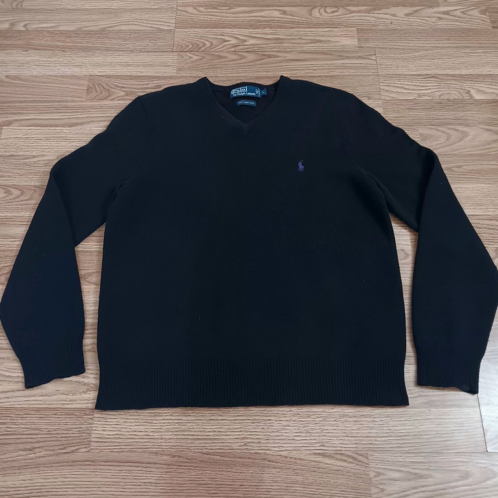 Polo Ralph Lauren XL Men's Large V-Neck Black Sweater Lambswool Classic Preppy - Picture 7 of 7